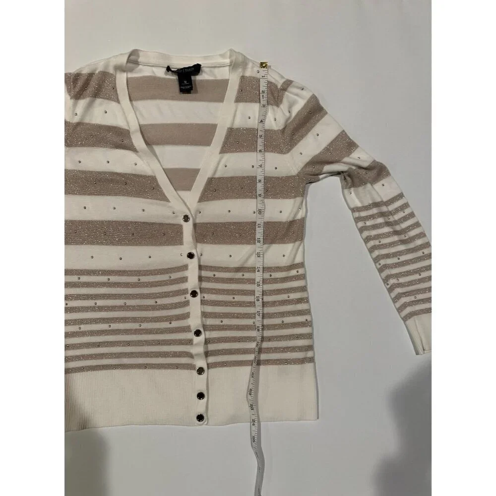 White House Black Market Cardigan Sweater M Striped Beige Metallic Rhinestone Bu - Picture 7 of 8
